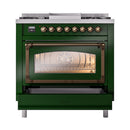 ILVE Nostalgie II Noblesse 36-Inch Natural Gas Dual Fuel Range and Triple Glass Door in Emerald Green with Bronze Trim (UN36FNMPEGB)