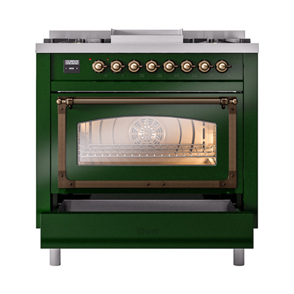 Emerald green dual fuel range with closed triple glass oven door and bronze handle