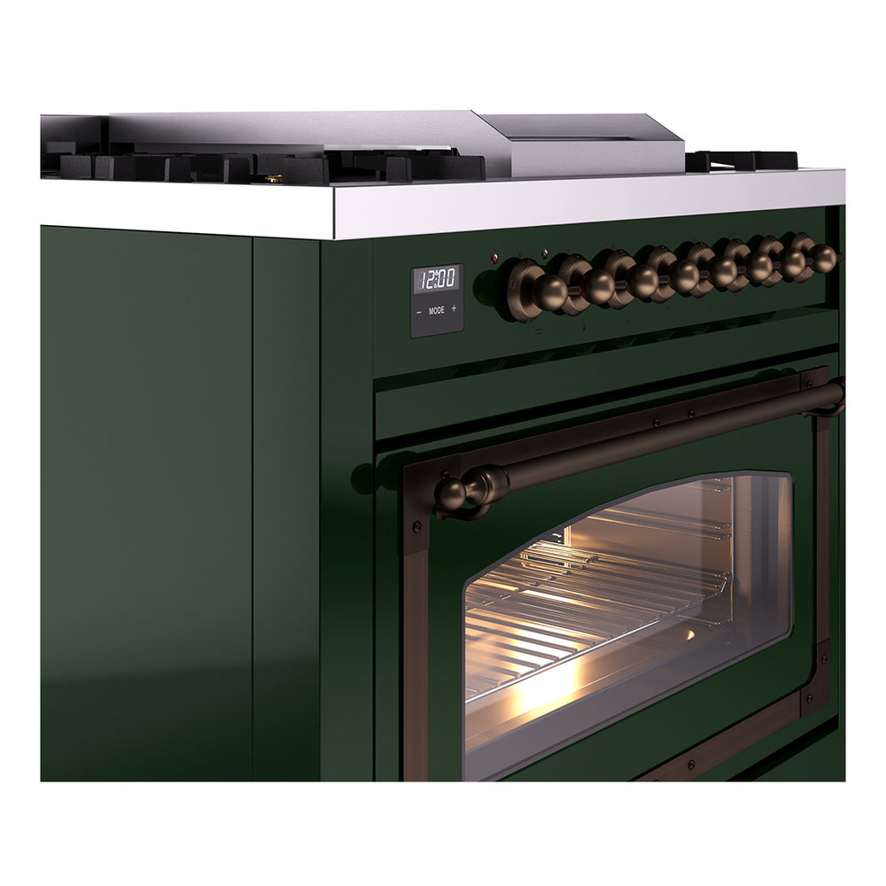 Emerald green dual fuel range with side control panel and bronze-trimmed glass oven door