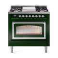 ILVE Nostalgie II Noblesse 36-Inch Natural Gas Dual Fuel Range and Triple Glass Door in Emerald Green with Chrome Trim (UN36FNMPEGC)