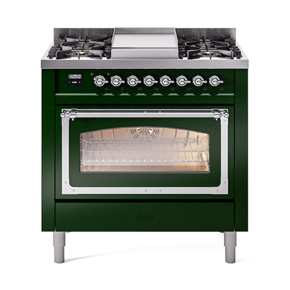 Emerald green dual fuel range with chrome trim, glass oven door, and front gas burners