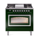 ILVE Nostalgie II Noblesse 36-Inch Propane Gas Dual Fuel Range and Triple Glass Door in Emerald Green with Chrome Trim (UN36FNMPEGCLP)