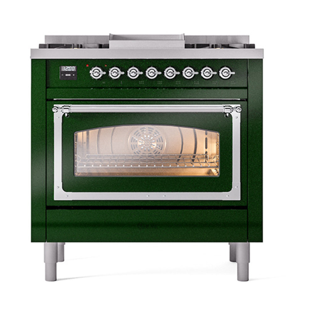 Emerald green range front view with lit oven window and control knobs under chrome trim