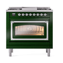 ILVE Nostalgie II Noblesse 36-Inch Natural Gas Dual Fuel Range and Triple Glass Door in Emerald Green with Chrome Trim (UN36FNMPEGC)