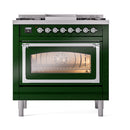 ILVE Nostalgie II Noblesse 36-Inch Propane Gas Dual Fuel Range and Triple Glass Door in Emerald Green with Chrome Trim (UN36FNMPEGCLP)