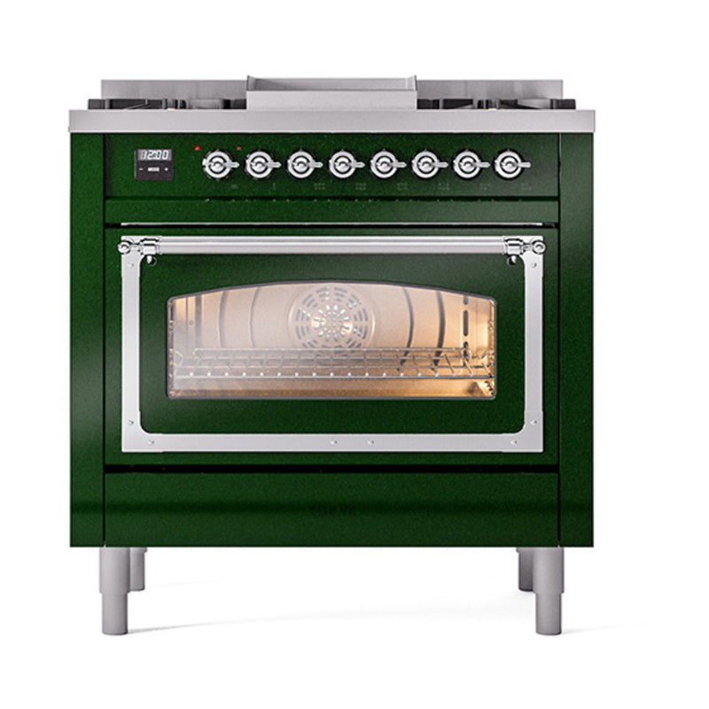 ILVE Nostalgie II Noblesse 36-Inch Dual Fuel Range and Triple Glass Door in Emerald Green with Chrome Trim (UN36FNMPEGC)