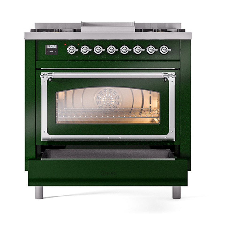 Emerald green dual fuel range with lit oven window, control knobs, and chrome burner grates