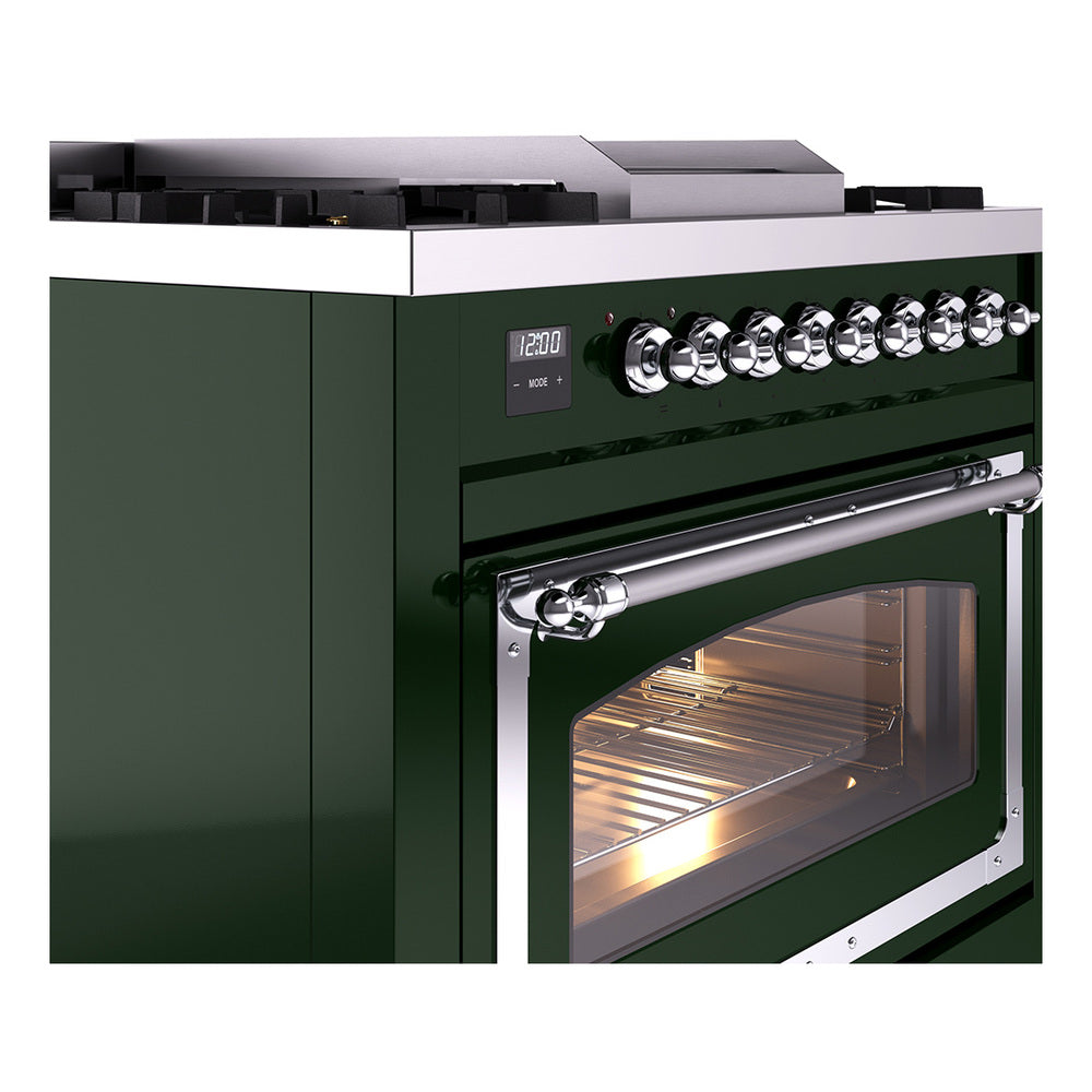 Emerald green dual fuel range corner view with chrome control knobs and oven door