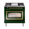 ILVE Nostalgie II Noblesse 36-Inch Natural Gas Dual Fuel Range and Triple Glass Door in Emerald Green with Brass Trim (UN36FNMPEGG)