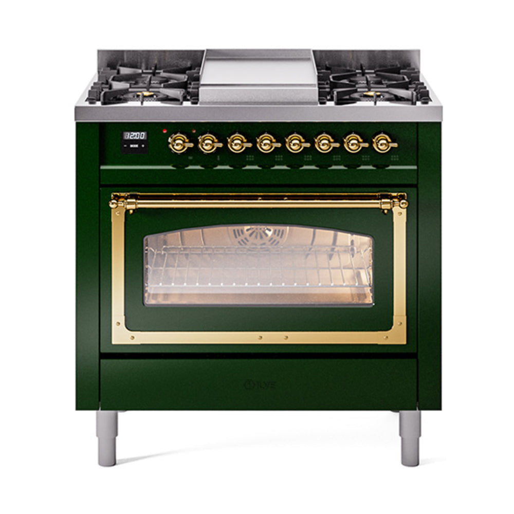 Emerald green dual-fuel gas range with brass trim and closed triple-glass oven door