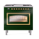ILVE Nostalgie II Noblesse 36-Inch Natural Gas Dual Fuel Range and Triple Glass Door in Emerald Green with Brass Trim (UN36FNMPEGG)