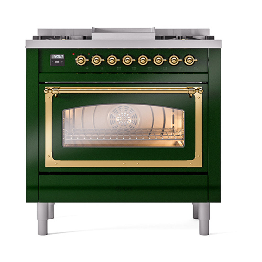Emerald green dual-fuel range with brass handle; open oven door showing racks