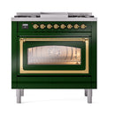 ILVE Nostalgie II Noblesse 36-Inch Propane Gas Dual Fuel Range and Triple Glass Door in Emerald Green with Brass Trim (UN36FNMPEGGLP)