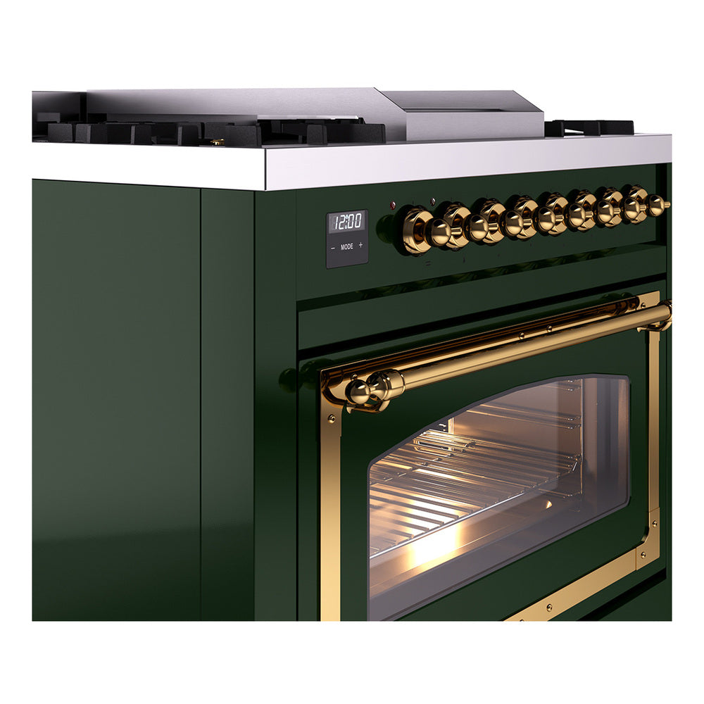 Emerald green oven door with brass handle and triple glass window on dual fuel range