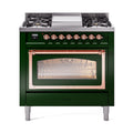 ILVE Nostalgie II Noblesse 36-Inch Natural Gas Dual Fuel Range and Triple Glass Door in Emerald Green with Copper Trim (UN36FNMPEGP)