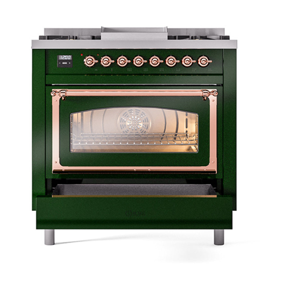 Emerald green gas range with open oven glass door showing interior racks