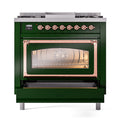 ILVE Nostalgie II Noblesse 36-Inch Propane Gas Dual Fuel Range and Triple Glass Door in Emerald Green with Copper Trim (UN36FNMPEGPLP)