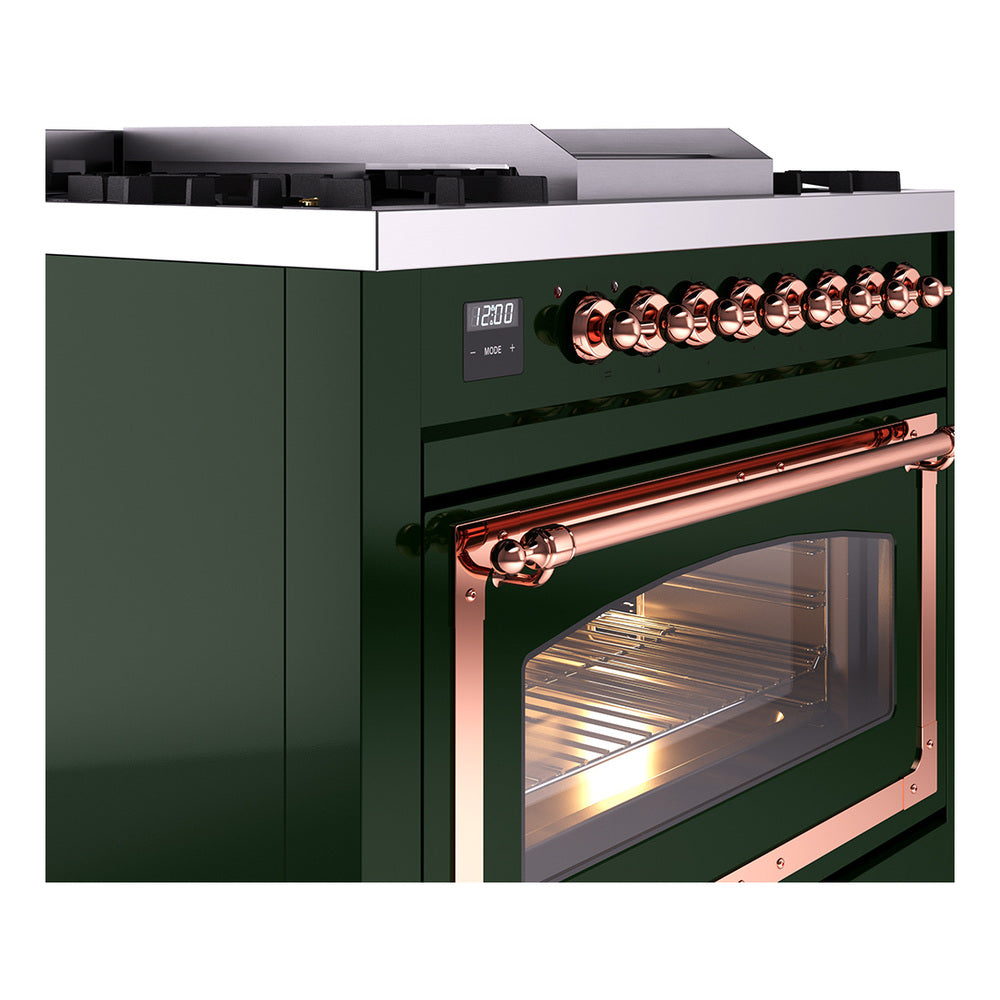 Emerald green range with copper handle and oven window showing lit interior