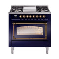 ILVE Nostalgie II Noblesse 36-Inch Natural Gas Dual Fuel Range and Triple Glass Door in Midnight Blue with Burnished Bronze Trim (UN36FNMPMBB)