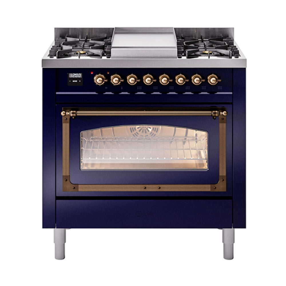 Midnight blue dual-fuel gas range with bronze trim and glass oven door