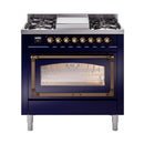 ILVE Nostalgie II Noblesse 36-Inch Propane Gas Dual Fuel Range and Triple Glass Door in Midnight Blue with Bronze Trim (UN36FNMPMBBLP)