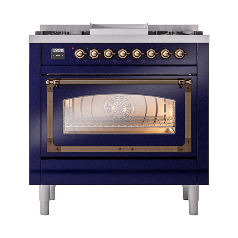 Midnight blue dual-fuel gas range with bronze trim, open oven door, interior light