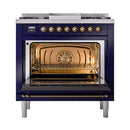 ILVE Nostalgie II Noblesse 36-Inch Natural Gas Dual Fuel Range and Triple Glass Door in Midnight Blue with Bronze Trim (UN36FNMPMBB)