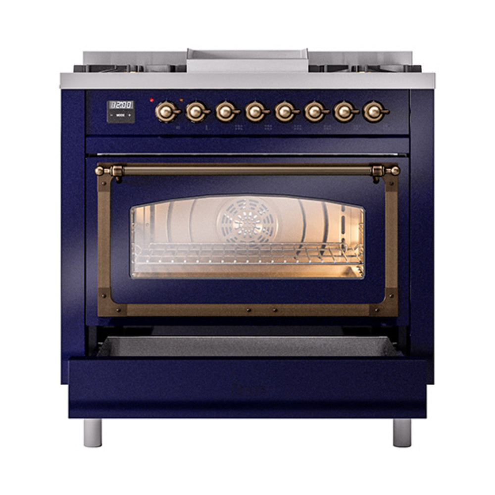 Midnight blue dual-fuel gas range with bronze trim and oven window view
