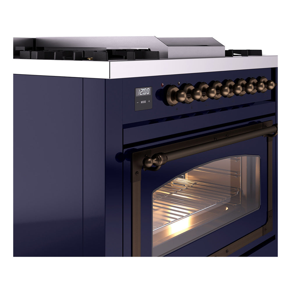 Midnight blue range with side access doors, bronze control knobs, and lit oven window