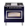 ILVE Nostalgie II Noblesse 36-Inch Natural Gas Dual Fuel Range and Triple Glass Door in Midnight Blue with Chrome Trim (UN36FNMPMBC)