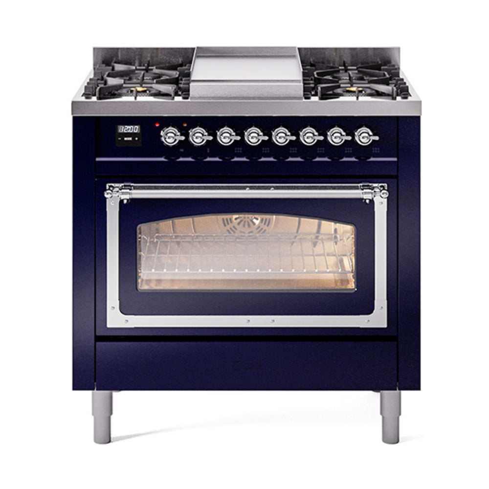ILVE 36-inch dual fuel range in midnight blue with chrome-trimmed glass oven door