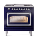 ILVE Nostalgie II Noblesse 36-Inch Natural Gas Dual Fuel Range and Triple Glass Door in Midnight Blue with Chrome Trim (UN36FNMPMBC)