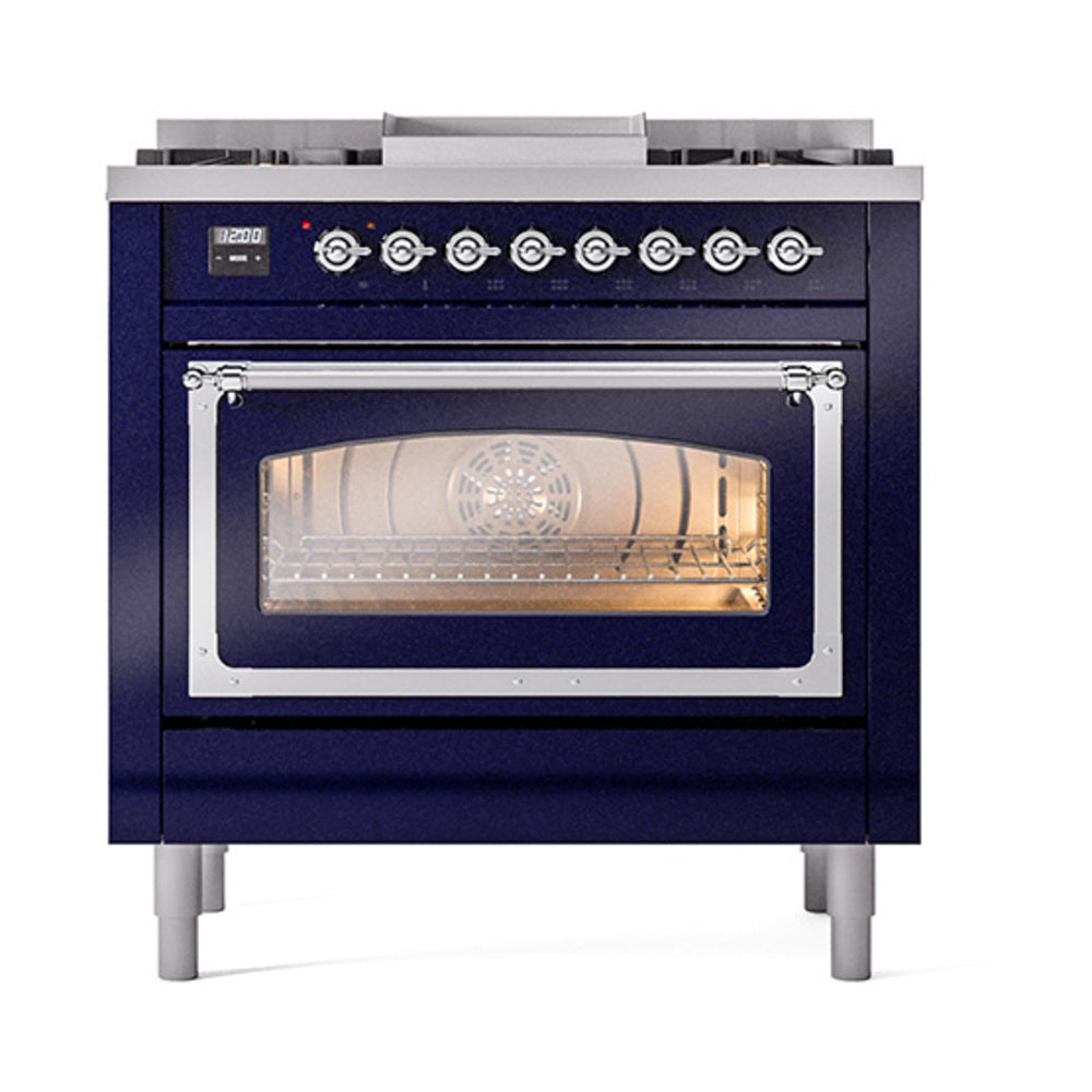 ILVE dual fuel range with open oven door, lit interior, chrome handle, midnight blue