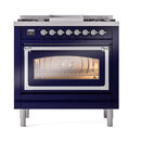 ILVE Nostalgie II Noblesse 36-Inch Propane Gas Dual Fuel Range and Triple Glass Door in Midnight Blue with Chrome Trim (UN36FNMPMBCLP)