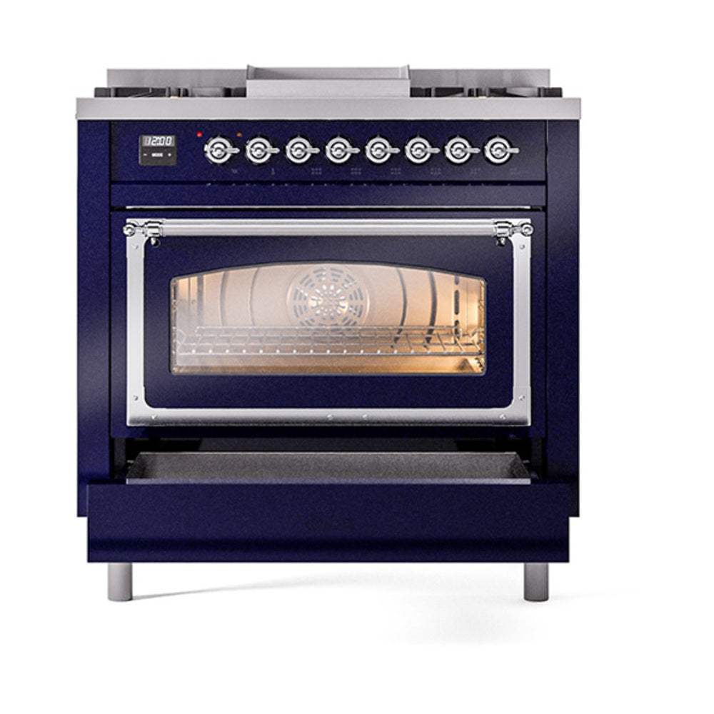 Midnight blue dual fuel gas range with closed triple-glass oven door and glowing oven interior