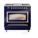 ILVE Nostalgie II Noblesse 36-Inch Natural Gas Dual Fuel Range and Triple Glass Door in Midnight Blue with Chrome Trim (UN36FNMPMBC)
