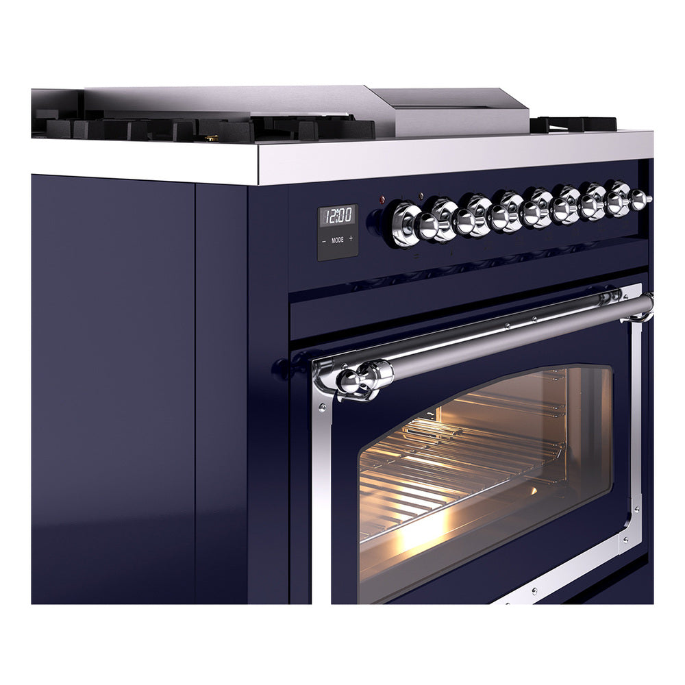 ILVE dual fuel range side detail with chrome control knobs and oven window, midnight blue
