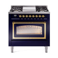 ILVE Nostalgie II Noblesse 36-Inch Natural Gas Dual Fuel Range and Triple Glass Door in Midnight Blue with Brass Trim (UN36FNMPMBG)
