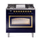 ILVE Nostalgie II Noblesse 36-Inch Propane Gas Dual Fuel Range and Triple Glass Door in Midnight Blue with Brass Trim (UN36FNMPMBGLP)