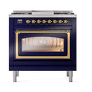 ILVE Nostalgie II Noblesse 36-Inch Natural Gas Dual Fuel Range and Triple Glass Door in Midnight Blue with Brass Trim (UN36FNMPMBG)