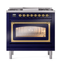 ILVE Nostalgie II Noblesse 36-Inch Propane Gas Dual Fuel Range and Triple Glass Door in Midnight Blue with Brass Trim (UN36FNMPMBGLP)