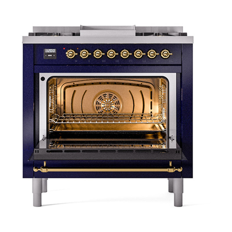 ILVE Nostalgie II Noblesse 36-Inch Dual Fuel Range and Triple Glass Door in Midnight Blue with Brass Trim (UN36FNMPMBG)