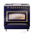 ILVE Nostalgie II Noblesse 36-Inch Natural Gas Dual Fuel Range and Triple Glass Door in Midnight Blue with Brass Trim (UN36FNMPMBG)