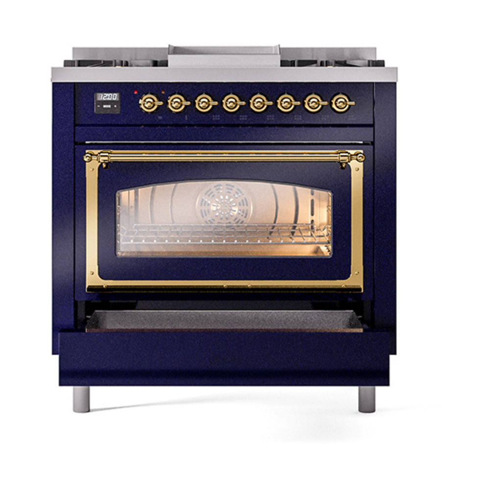 Midnight blue oven with triple glass door and brass trim, door closed