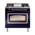 ILVE Nostalgie II Noblesse 36-Inch Natural Gas Dual Fuel Range and Triple Glass Door in Midnight Blue with Copper Trim (UN36FNMPMBP)