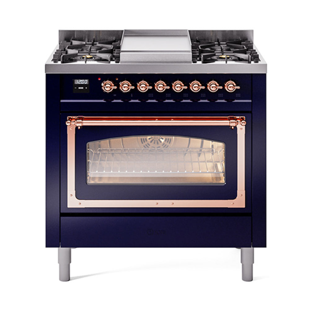 Midnight blue dual-fuel gas range with copper-trim triple glass oven door and lit interior