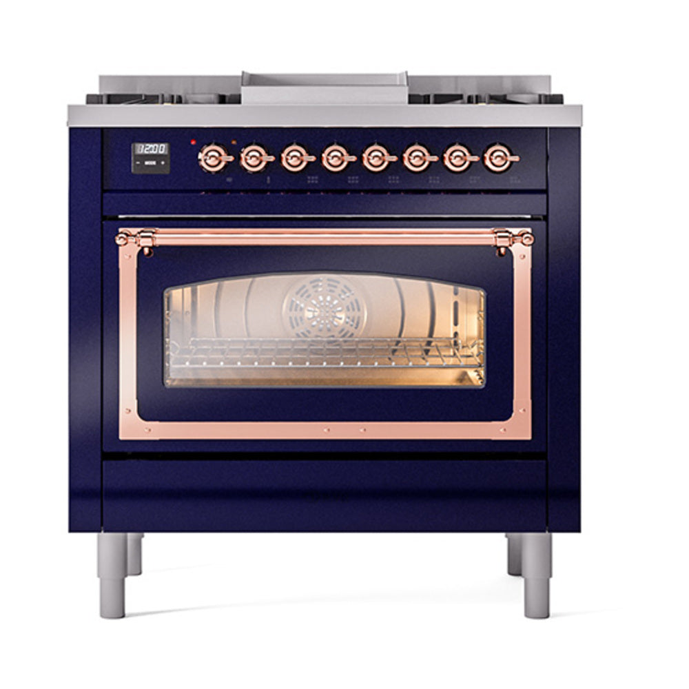 Midnight blue dual-fuel gas range with copper-trim triple glass oven door and front controls