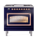 ILVE Nostalgie II Noblesse 36-Inch Propane Gas Dual Fuel Range and Triple Glass Door in Midnight Blue with Copper Trim (UN36FNMPMBPLP)