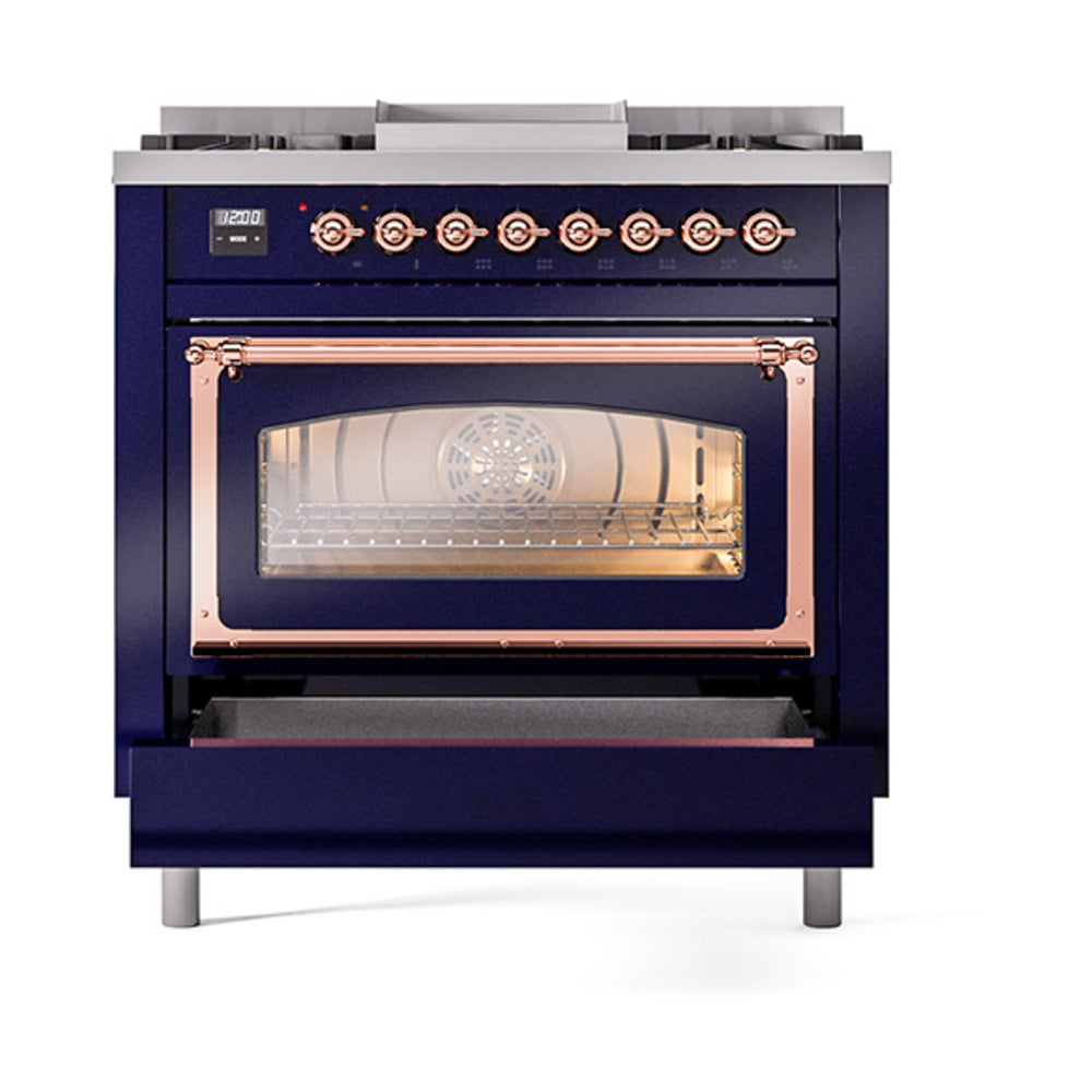 Midnight blue dual fuel range with open oven door, rack inside, and copper trim