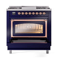 ILVE Nostalgie II Noblesse 36-Inch Natural Gas Dual Fuel Range and Triple Glass Door in Midnight Blue with Copper Trim (UN36FNMPMBP)